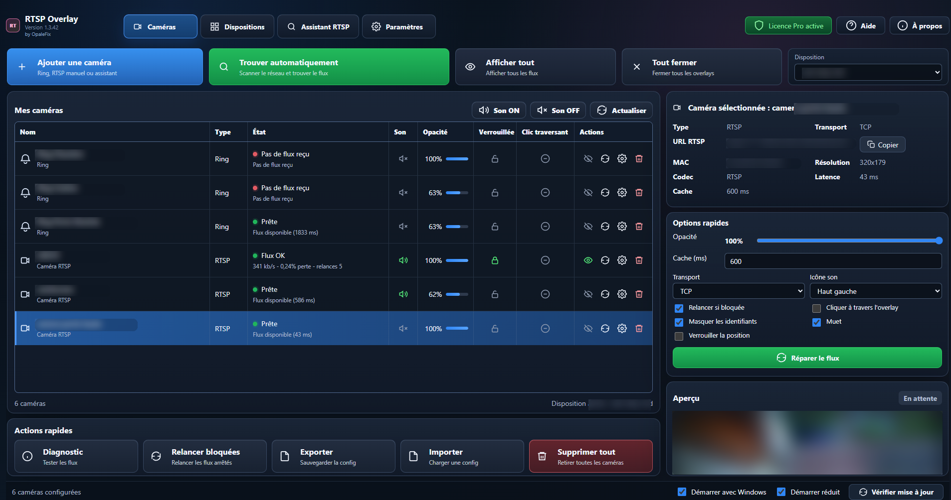 Dashboard RTSP Overlay avec liste des caméras, options rapides et aperçu vidéo.
